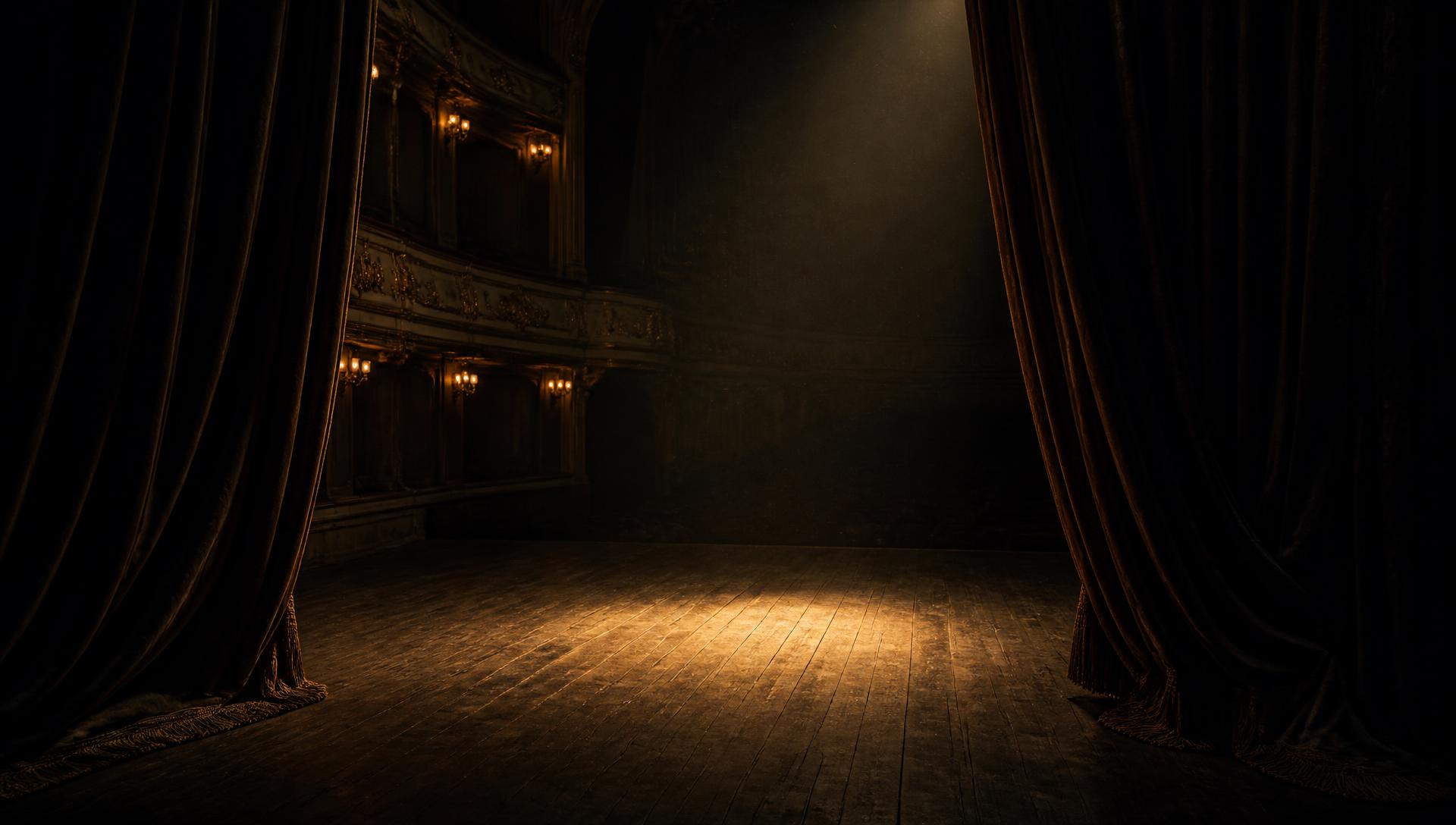 Eine leere Wiener Theaterbühne, von einem einzelnen warmen Scheinwerfer beleuchtet